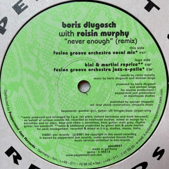 BORIS DLUGOSCH WITH ROISIN MURPHY – NEVER ENOUGH (REMIX) - PEPPERMINT JAM – PJMS0057
